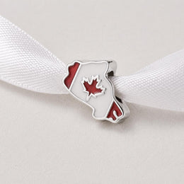 Canada Bead Fits Pandora Charm Bracelet, Map Flag, Red Maple Leaf, Silver Travel Souvenir