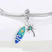 Surfboard Bead Fits Pandora Charm Bracelet, Silver Beach Tropical Palm Tree Summer Vacation Jewelry