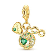 Gold Family Tree Triple Dangle Fits Pandora Charm Bracelet, Green Heart Infinity, Mother Gift