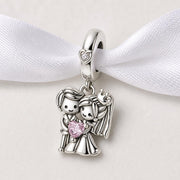 Wedding Couple Bead Fits Pandora Charm Bracelet, Silver Bride Groom Pink Heart Crystal Gift