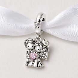 Wedding Couple Bead Fits Pandora Charm Bracelet, Silver Bride Groom Pink Heart Crystal Gift