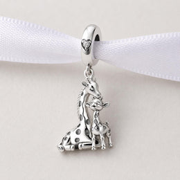 Giraffe Bead Fits Pandora Charm Bracelet, Silver Mother Baby Animal Family Dangle Wildlife Gift