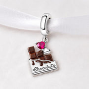 Chocolate Bar Bead Fits Pandora Charm Bracelet, Silver Sweet Food Dangle, Pink Heart Jewelry