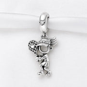 Tennis Player Bead Fits Pandora Charm Bracelet, Silver Sports Girl Dangle, Heart Racket Gift