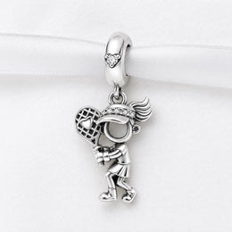 Tennis Player Bead Fits Pandora Charm Bracelet, Silver Sports Girl Dangle, Heart Racket Gift