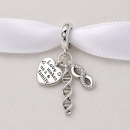 DNA Family Heart Bead Fits Pandora Charm Bracelet, Silver Infinity Symbol Dangle Jewelry Gift