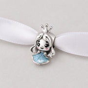 Princess Girl Bead Fits Pandora Charm Bracelet, Silver Blue Glitter Enamel Crown Fairytale Gift