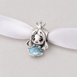 Princess Girl Bead Fits Pandora Charm Bracelet, Silver Blue Glitter Enamel Crown Fairytale Gift