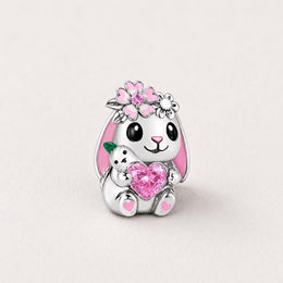 Bunny Bead Fits Pandora Charm Bracelet, Silver Pink Heart Flower Rabbit Animal Carrot Gift