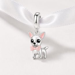 Chihuahua Dog Bead Fits Pandora Charm Bracelet, Silver Pink Bow Tie Animal Puppy Gift