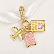 Travel Passport Charm Fits Pandora Bracelet, Pink Suitcase Plane Dangle, Vacation Jewelry Gift