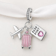 Travel Passport Charm Fits Pandora Bracelet, Pink Suitcase Plane Dangle, Vacation Jewelry Gift