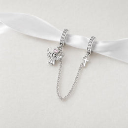 Angel Cross Safety Chain Bead Fits Pandora Charm Bracelet, Guardian Faith Silver Jewelry Gift