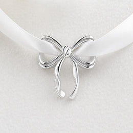 Silver Bow Bead Fits Pandora Charm Bracelet, Elegant Ribbon Knot Women Jewelry Gift