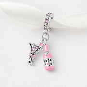 Lucky Champagne Bead Fits Pandora Charm Bracelet, Pink Cocktail Glass Dangle, Party Gift