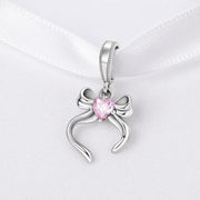 Heart Bow Bead Fits Pandora Charm Bracelet, Pink Crystal Ribbon Dangle Women Jewelry Gift