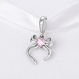 Heart Bow Bead Fits Pandora Charm Bracelet, Pink Crystal Ribbon Dangle Women Jewelry Gift