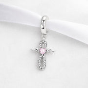 Infinity Angel Wing Bead Fits Pandora Charm Bracelet, Pink Heart Crystal Silver Dangle Gift