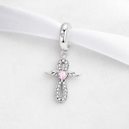 Infinity Angel Wing Bead Fits Pandora Charm Bracelet, Pink Heart Crystal Silver Dangle Gift