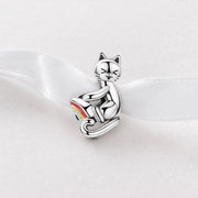 Cat Rainbow Bead Fits Pandora Charm Bracelet, Silver Kitten Pet Animal Jewelry Gift