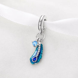 Peacock Feather Bead Fits Pandora Charm Bracelet, Blue Enamel Silver Dangle Jewelry Gift