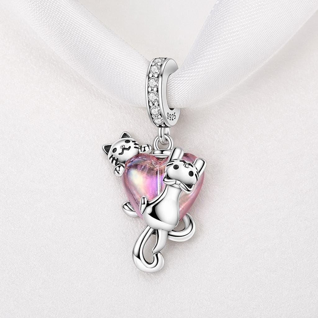 Cat Couple Heart sterling silver charm alternate view