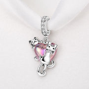 Cat Couple Heart Bead Fits Pandora Charm Bracelet, Pink Crystal Kitten Dangle Jewelry Gift
