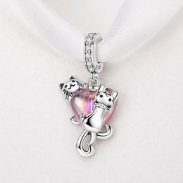 Cat Couple Heart Bead Fits Pandora Charm Bracelet, Pink Crystal Kitten Dangle Jewelry Gift