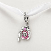 Perfume Bottle Bead Fits Pandora Charm Bracelet, Pink Rose Enamel Dangle Women Jewelry Gift