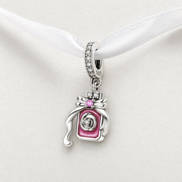 Perfume Bottle Bead Fits Pandora Charm Bracelet, Pink Rose Enamel Dangle Women Jewelry Gift