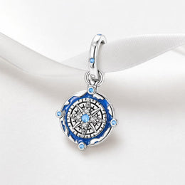 Compass Star Bead Fits Pandora Charm Bracelet, Blue Enamel Silver Dangle Travel Jewelry Gift
