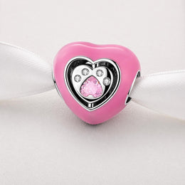Pet Paw Heart Bead Fits Pandora Charm Bracelet, Pink Crystal Enamel Dog Jewelry Gift
