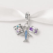 Travel Plane Bead Fits Pandora Charm Bracelet, Suitcase Camera Dangle, Silver Vacation Jewelry Gift