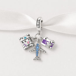 Travel Plane Bead Fits Pandora Charm Bracelet, Suitcase Camera Dangle, Silver Vacation Jewelry Gift