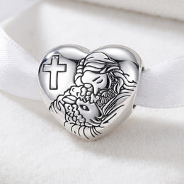 Jesus Heart Bead Fits Pandora Charm Bracelet, Religious Silver Jewelry, Christian Faith Church Gift