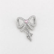 Ballerina Bow Bead Fits Pandora Charm Bracelet, Pink Heart Crystal Silver Dancer Dangle Gift