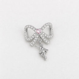 Ballerina Bow Bead Fits Pandora Charm Bracelet, Pink Heart Crystal Silver Dancer Dangle Gift