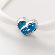 Ocean Wave Heart Bead Fits Pandora Charm Bracelet, Blue Sea Jewelry Nautical Travel Gift