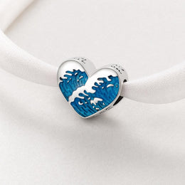 Ocean Wave Heart Bead Fits Pandora Charm Bracelet, Blue Sea Jewelry Nautical Travel Gift