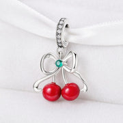Red Cherry Bead Fits Pandora Charm Bracelet, Silver Bow Fruit Dangle Sweet Jewelry Gift
