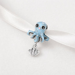 Blue Octopus Bead Fits Pandora Charm Bracelet, Silver Seashell Dangle Ocean Enamel Jewelry Gift