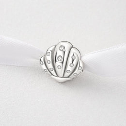 Silver Seashell Bead Fits Pandora Charm Bracelet, Clear Crystal Shell Mermaid Jewelry Gift