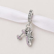 Fitness Gym Dangle Fits Pandora Charm Bracelet, Silver Pink Crystal Sneaker Dumbbell Sporty Gift