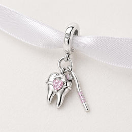 Dentist Tooth Dangle Fits Pandora Charm Bracelet, Silver Pink Heart Crystal Jewelry, Hygienist Gift