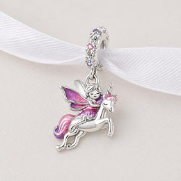 Fairy Unicorn Dangle Fits Pandora Charm Bracelet, Silver Purple Enamel Jewelry, Magical Mythical Gift
