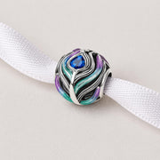 Peacock Feather Bead Fits Pandora Charm Bracelet, Silver Colorful Bird Plume Blue Crystal Gift