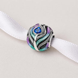 Peacock Feather Bead Fits Pandora Charm Bracelet, Silver Colorful Bird Plume Blue Crystal Gift