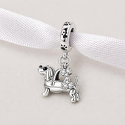 Dachshund Bead Fits Pandora Charm Bracelet, Silver Wiener Dog Bone Double Dangle Jewelry Gift