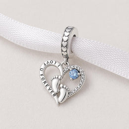 Baby Footprint Heart Bead Fits Pandora Charm Bracelet, Silver Love Forever Crystal Jewelry Gift