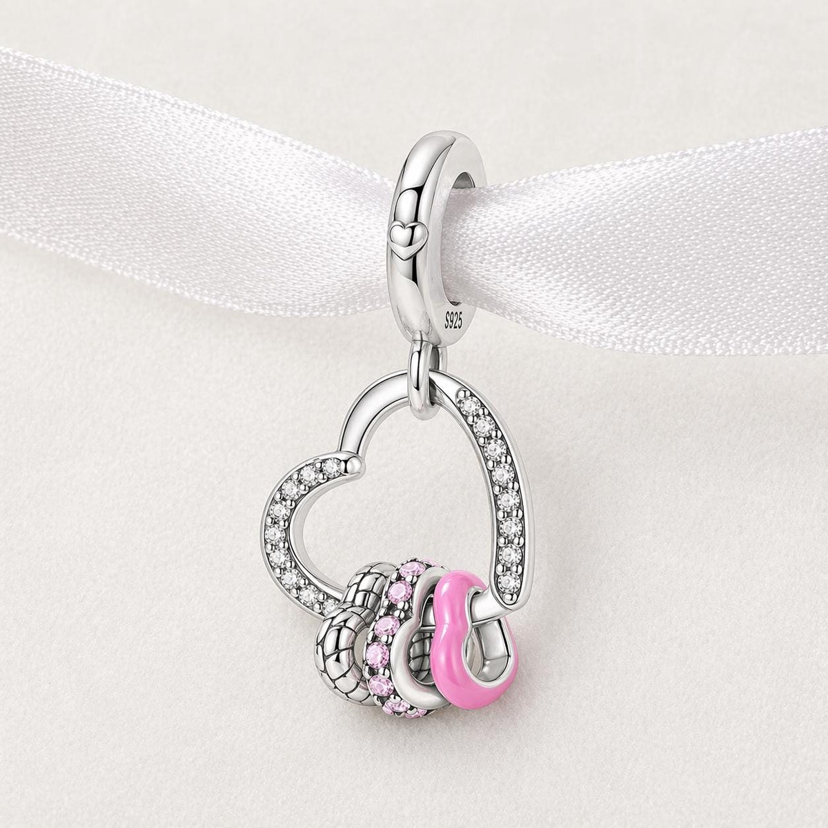 Pink Heart Triple Dangle sterling silver charm alternate view
